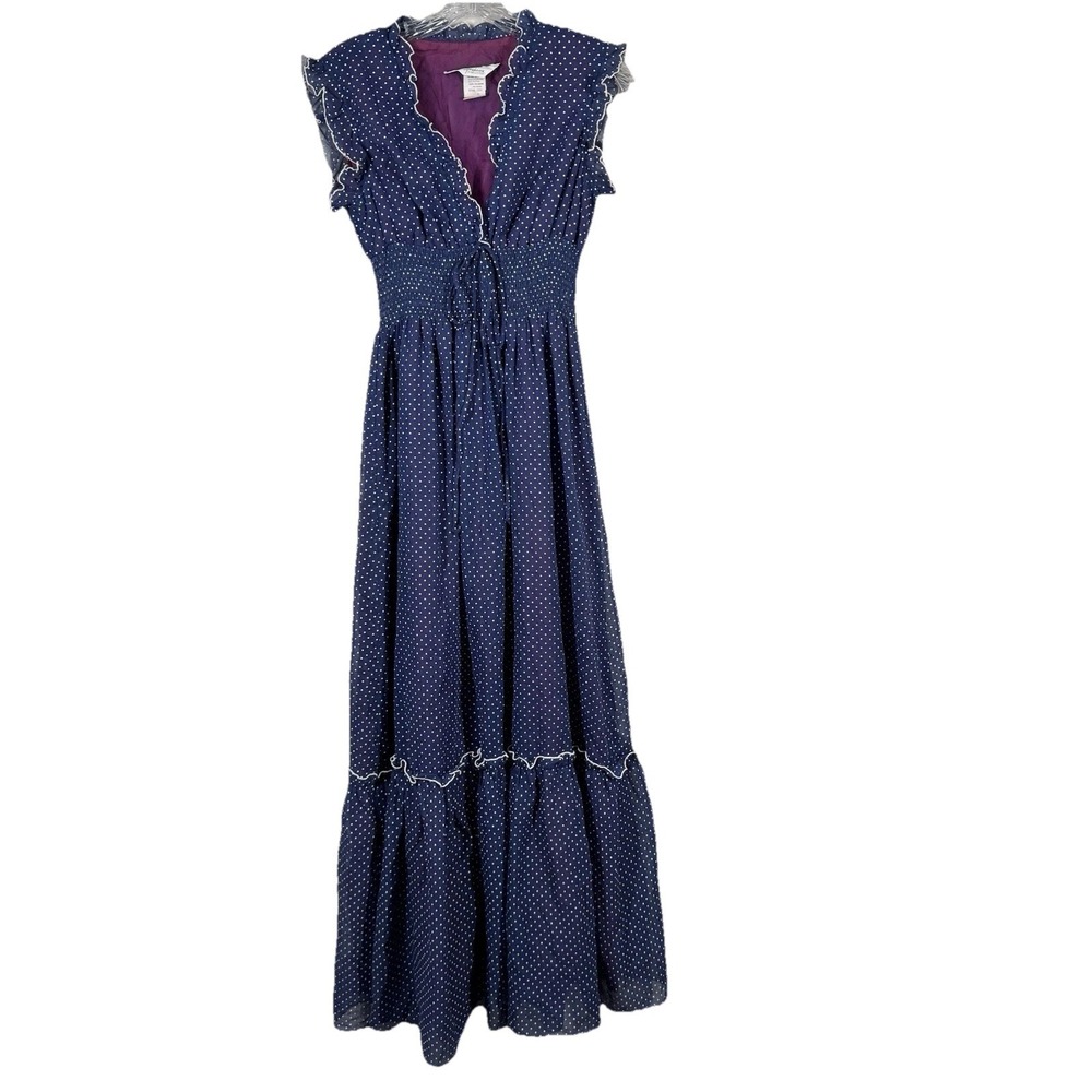 Vtg Ruffle Maxi Dress Sheet‎ Blue Polka Dot Over Lining JC Penny Women Sz 11/12